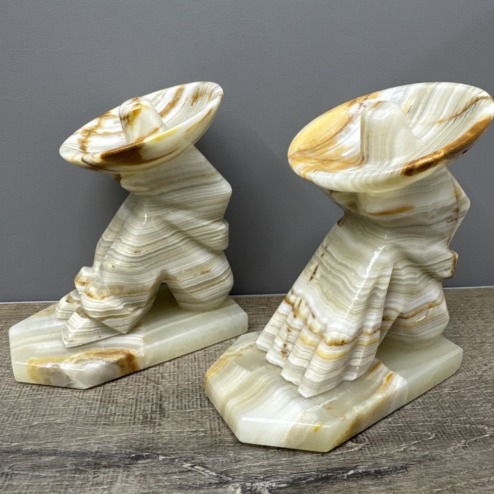 Vintage Mexican Onyx Sombrero Bookends - Siesta Stone Mid-Century Pair